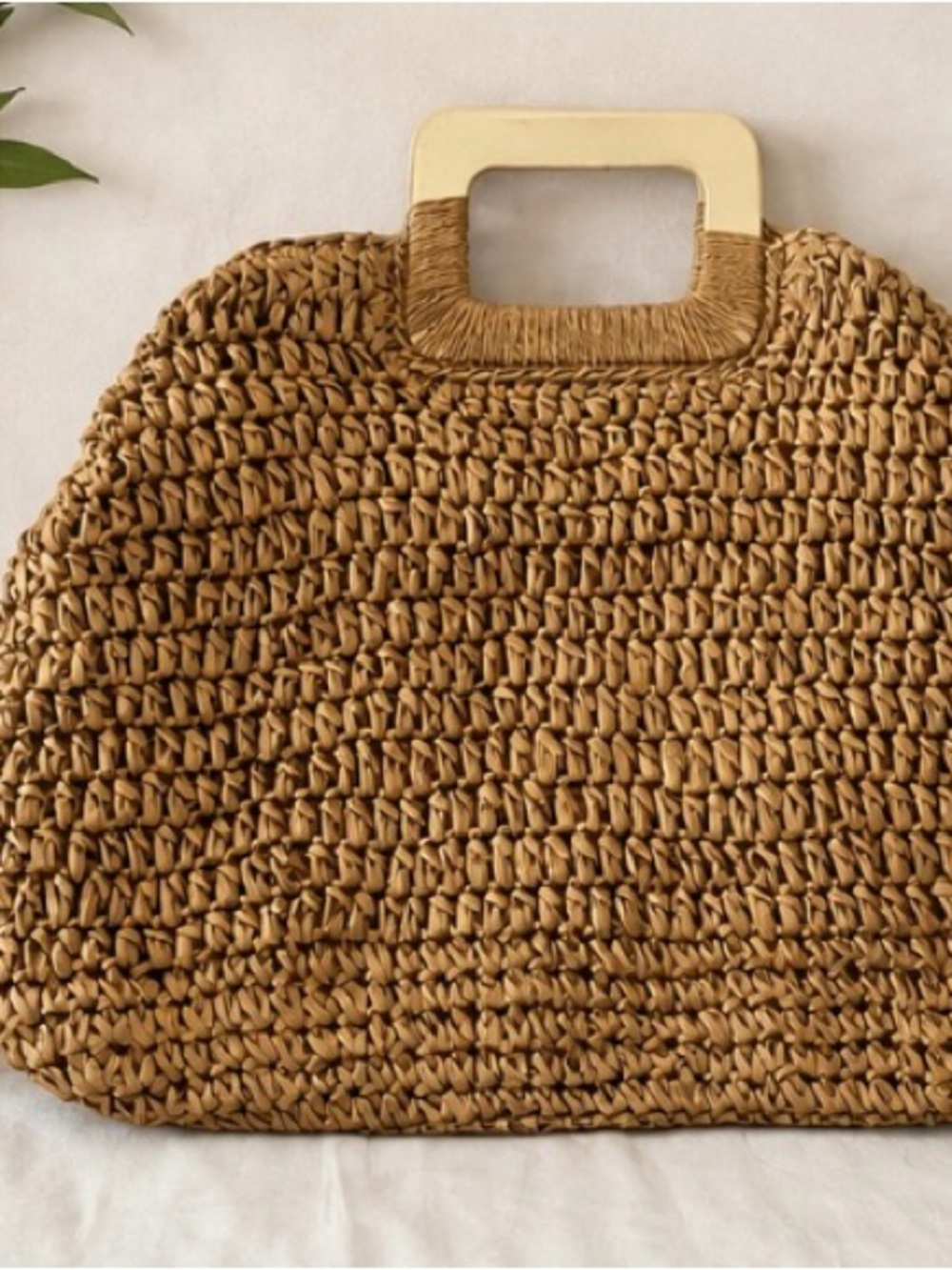 Woven Straw Tote Bag with Gold Handle - Tan